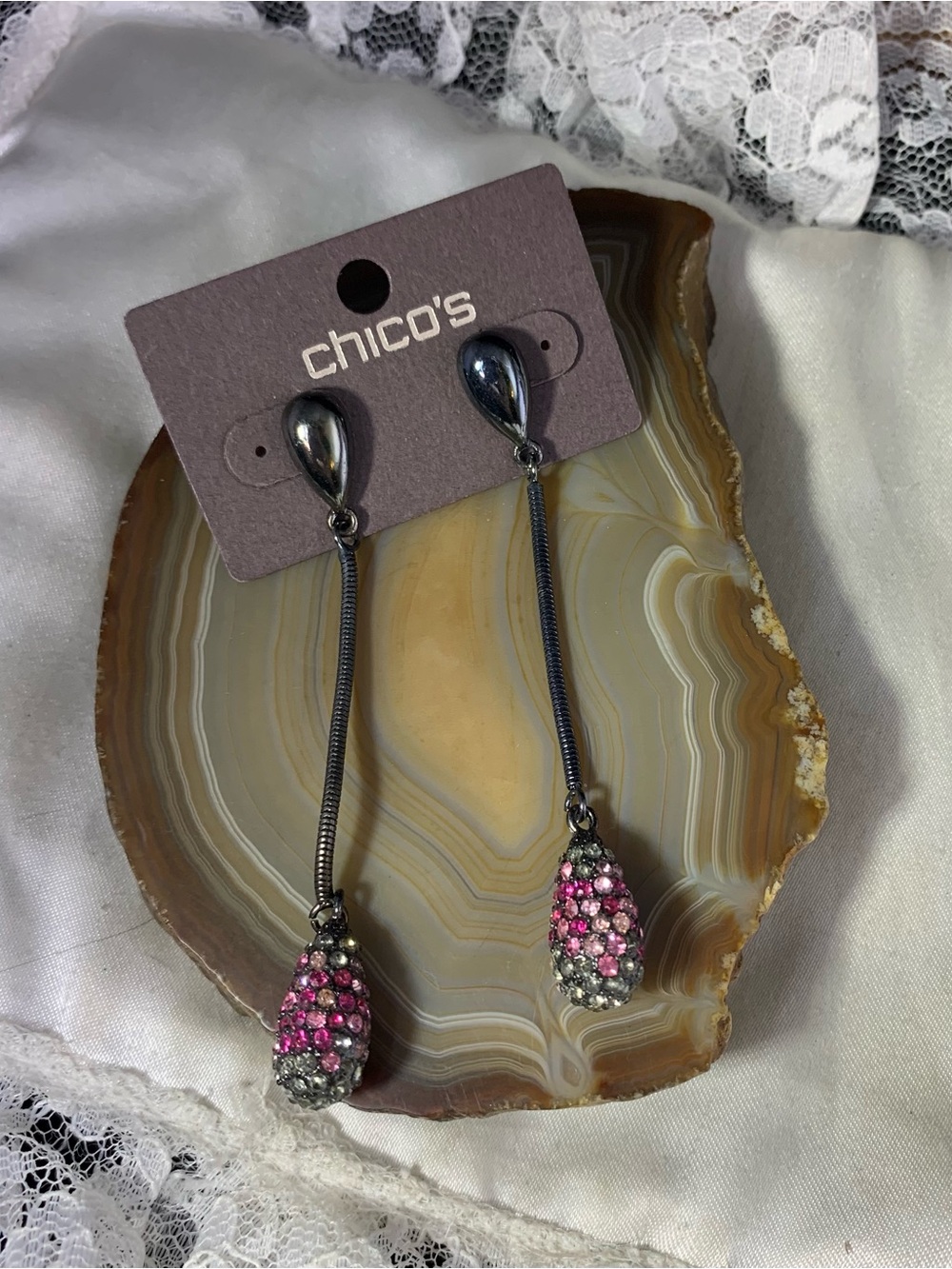 Chico's Gunmetal Long Drop Earrings with Pink Crystals